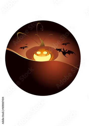 A glowing jack-o'-lantern surrounded by bats