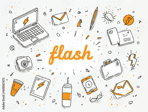 Hand drawn technology and office supply doodles representing flash concept design inspiration for online creativity and modern lifestyle solutions