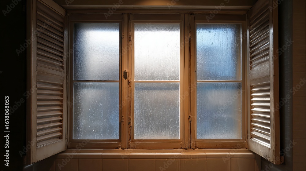 Fototapeta premium A misty window with wooden shutters, creating a cozy and tranquil atmosphere in a softly lit room.