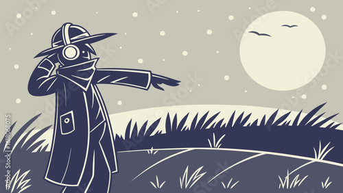 Illustration of a person in a coat and hat standing in a field at night with a full moon in the sky