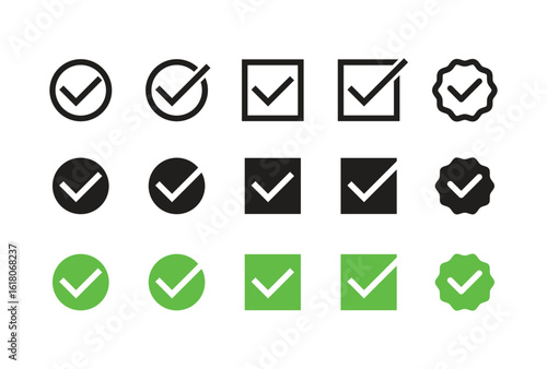 Set of check mark and checkbox icons in various styles and colors ideal for UI UX forms confirmation and task management designs