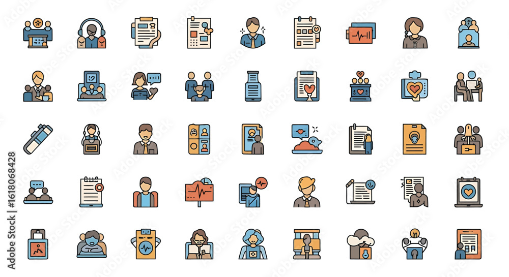 Fototapeta premium Flat Colored Human Resource and Business Management Icon Collection