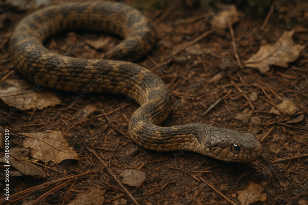 Fototapeta premium snake slithering across forest floor, earthy tones, texture detail