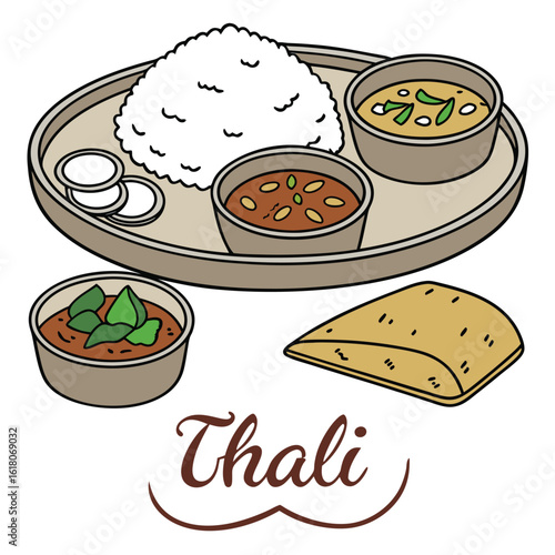 Colorful illustration of a traditional Indian Thali meal.