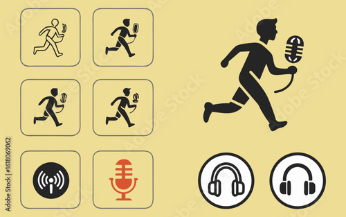 Vibrant fitness icons people running cycling microphones headphones for apps
