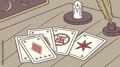 Still life of tarot cards on a table with a candle and quill with a moon art piece on the wall above it