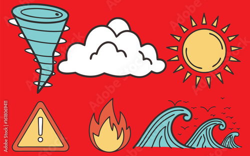 Vibrant weather and hazard icons featuring fire cyclone cloud and warning signs