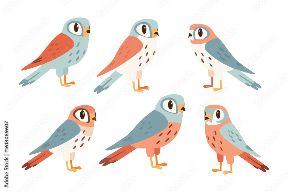 Obraz premium Illustration of Charming Birds: A delightful illustration showcases six adorable birds with a unique charm. The image features detailed artwork and vivid colors to enhance its appeal.