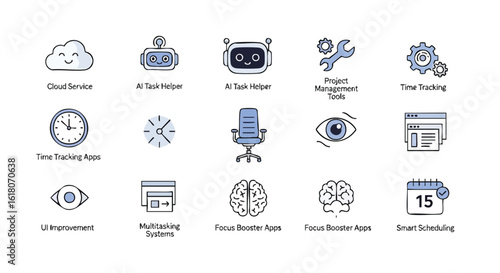 A collection of modern, outlined icons representing cloud services, AI tools, project management, time tracking, UI improvement, multitasking, focus, and smart scheduling, perfect for digital design.
