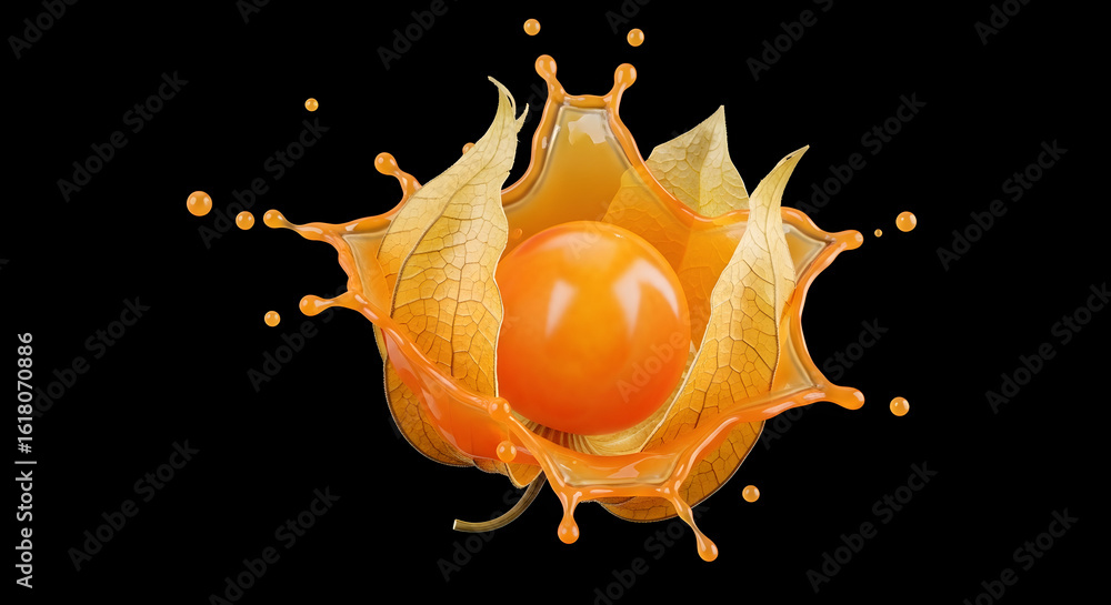 Obraz premium Cape Gooseberry with Juice Splash on Black Background, Physalis Peruviana Isolated