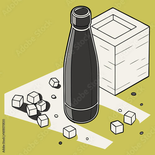 Matte black thermos bottle with wooden blocks and ice cubes