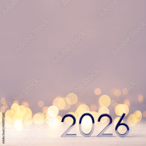 Wallpaper Mural Metal numbers 2026 on a white table with Christmas trees and bokeh lights. Happy New Year 2026 is coming concept. Torontodigital.ca