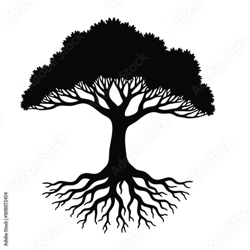 Black silhouette of a mature tree with expansive roots and dense foliage white