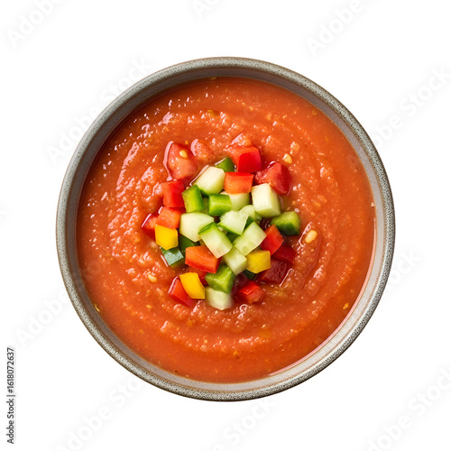 Bowl of Fresh Gazpacho Soup with Diced Vegetable Toppings.
