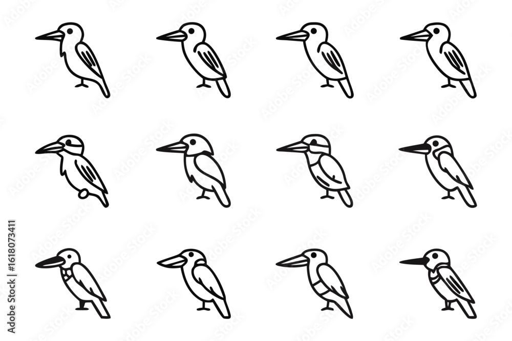 Fototapeta premium Array of Kingfisher: A meticulously crafted array of line art, showcasing the elegant profile of a kingfisher. These illustrations are simple and versatile. 