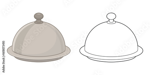 A silver serving platter with domed lid shown in color and line drawing.