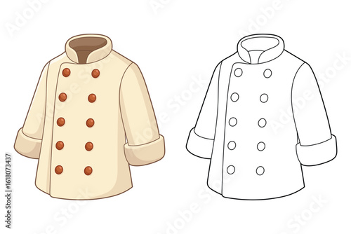 Illustrated chef coat, one colored in and one in black and white outline.