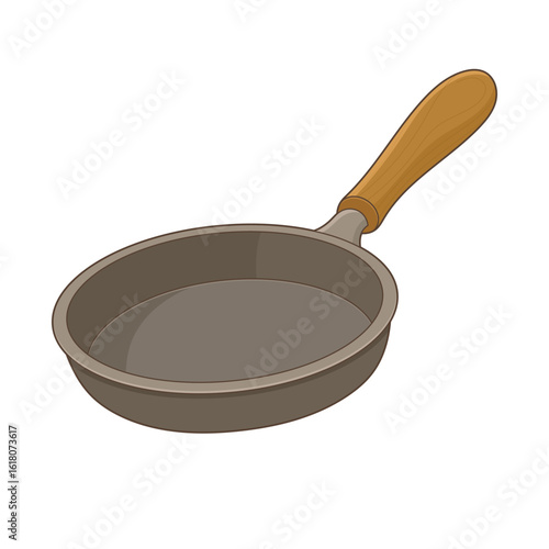 A close-up of a skillet pan with a wooden handle for cooking purposes.