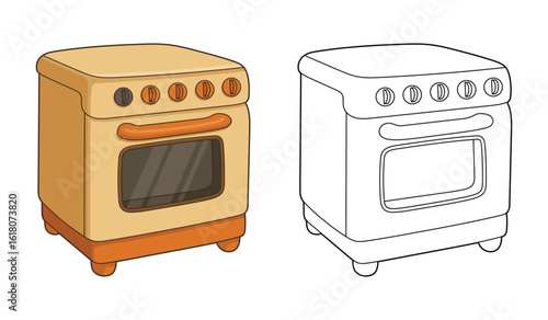 Cartoon oven in color and line art, showcasing a cooking appliance design.
