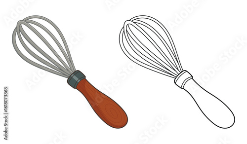 Cartoon image featuring a whisk with gray metal and wooden handle design. 