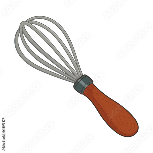 A kitchen essential: a whisk with a wooden handle and metal loops for mixing.