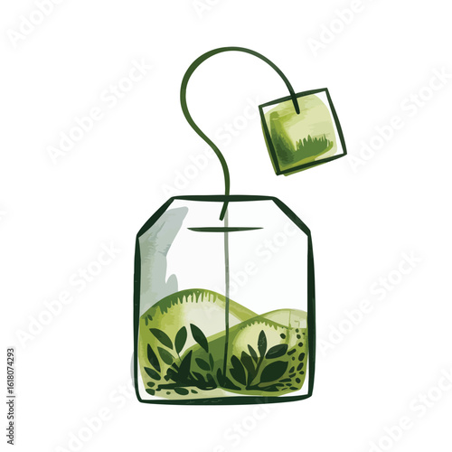 Watercolor illustration of herbal tea bag with green leaves and abstract design representing natural infusion on white background