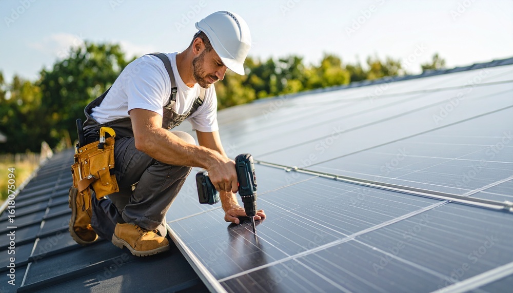 Expert construction worker in a hard hat installing a new roof with sustainable solar panels using an electric drill for clean energy. Expert construction worker in a hard hat installing a new roof with sustainable solar panels using an electric drill for clean energy.
