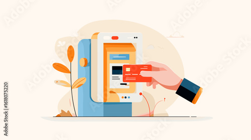 Hand inserting card into ATM in modern illustration style  