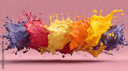 Artistic paint splash in lively colors set against a soft pink background, HD realistic