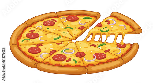 Pepperoni pizza with cheese and vegetables on transparent background