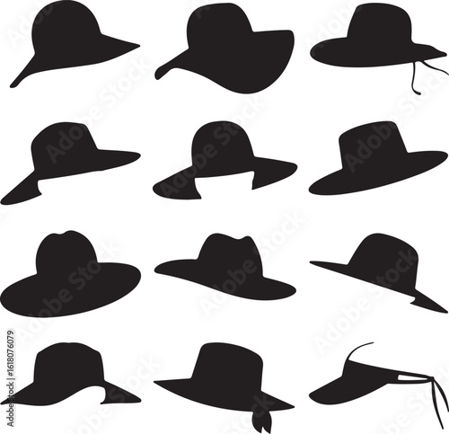 Black silhouettes of various hats headwear fashion