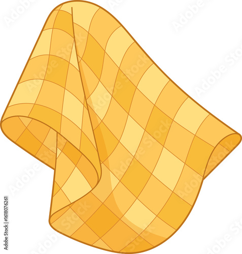 A folded yellow tablecloth with a checkered pattern, floating in the air.