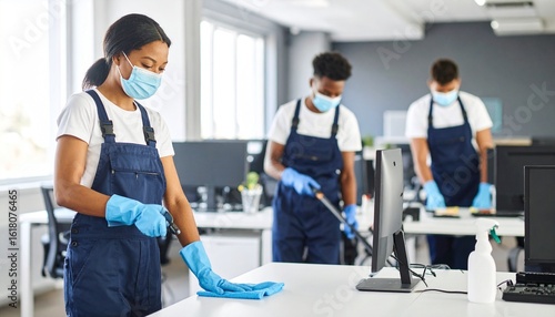 A professional team of janitors in uniform diligently cleaning a modern office space to ensure workplace hygiene.