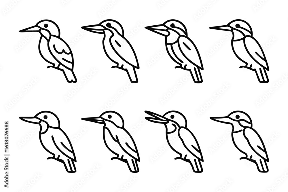 Obraz premium Birds In Sequence: A stylized illustration showcases a series of linear-art birds. Each bird with delicate detail, poses on its own and depicts the graceful forms of the creature. 