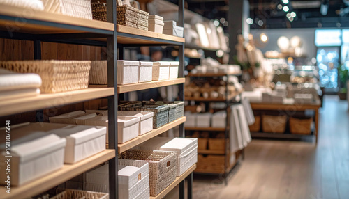 A view of a general store with shelves displaying storage boxes