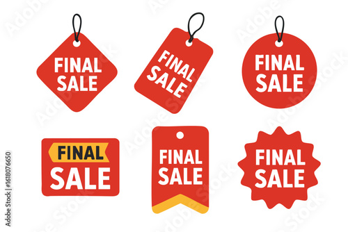A collection of vibrant red final sale tags in various shapes, perfect for advertising discounts and promotions in retail environments, showcasing a sense of urgency and savings.