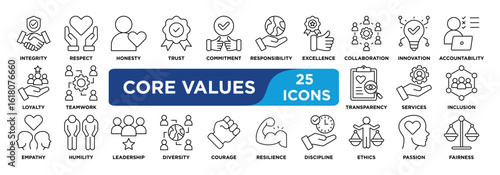 CORE VALUES icon collection set. Containing integrity,respect,honesty,trust,commitment,responsibility,excellence,collaboration,innovation,accountability icon. simple line vector.	