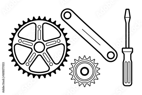 Bicycle Repair Parts Gear Sprocket Crank Arm and Screwdriver Black and White Line Art Illustration for DIY Projects and Maintenance Concepts