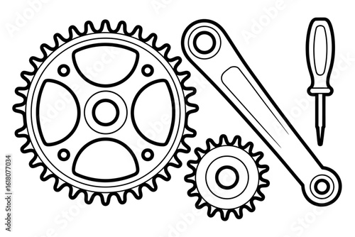 Detailed Black and White Illustration of Gears Crank Arm and Screwdriver for Mechanical Concepts