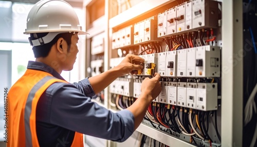 An expert electrician is repairing the switchboard voltage, checking the automatic switches in a control panel.