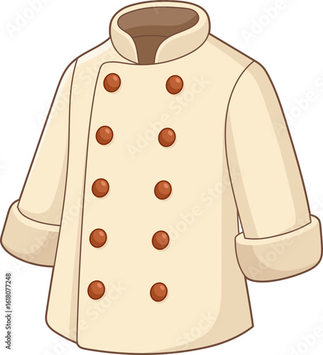 Illustration of a traditional chef's uniform jacket with brown button details.