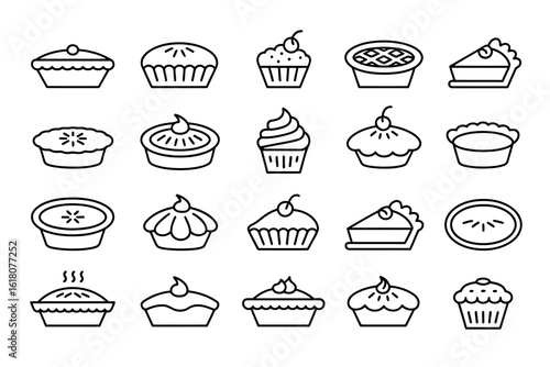 Collection of Pie and Cupcake Icons Featuring Assorted Fillings and Toppings on a White Background Perfect for Baking Related Designs