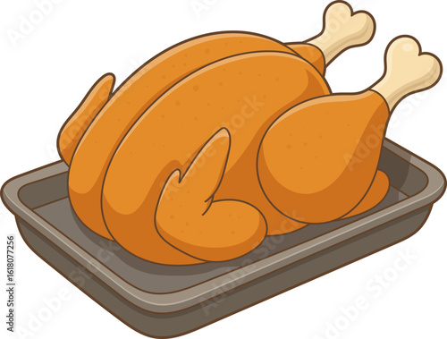 Golden brown, whole cooked chicken fresh out of the oven on a gray pan.