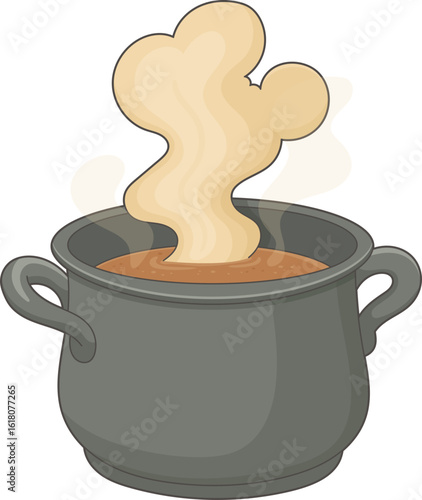 Steaming Pot: A gray cooking pot releases swirls of flavorful, rising vapor.
