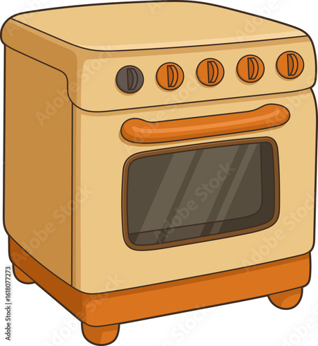 Illustration of a kitchen stove in beige and orange with a glass door.
