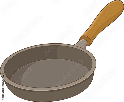 Frying pan with wooden handle, ready for cooking and delicious food.