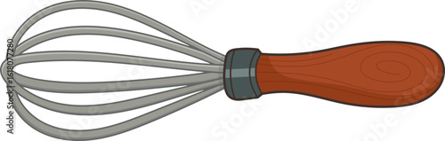 A whisk kitchen tool with metal wires and a wooden handle for food prep.