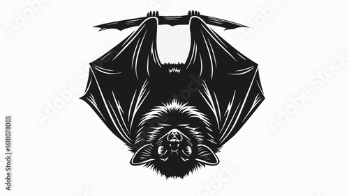 Illustration of a bat hanging upside down from a branch with its wings spread in a black and white image silhouette