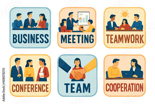 Vector illustrations depict various business scenarios, including meetings, teamwork, conferences, and cooperation, showcasing diverse individuals working together in a professional environment.