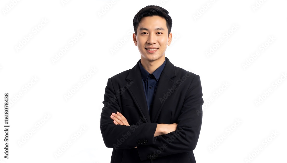 Portrait of a smiling young Asian businessman with arms crossed on white background Portrait of a smiling young Asian businessman with arms crossed on white background